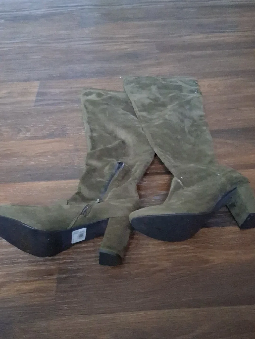 Women's Knee-High Block Heel Boots - Olive Suede